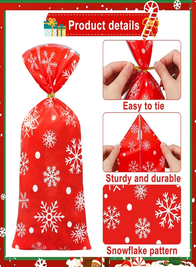 peony man 120 PCS Snowflake Treat Bags Red Christmas Cellophane Bag with Twist Ties White Snowflake Theme Candy Bags 5 x 10.6 Inch Xmas Plastic Goodie Bag for Winter Christmas Holiday Party Supplies - Image 3